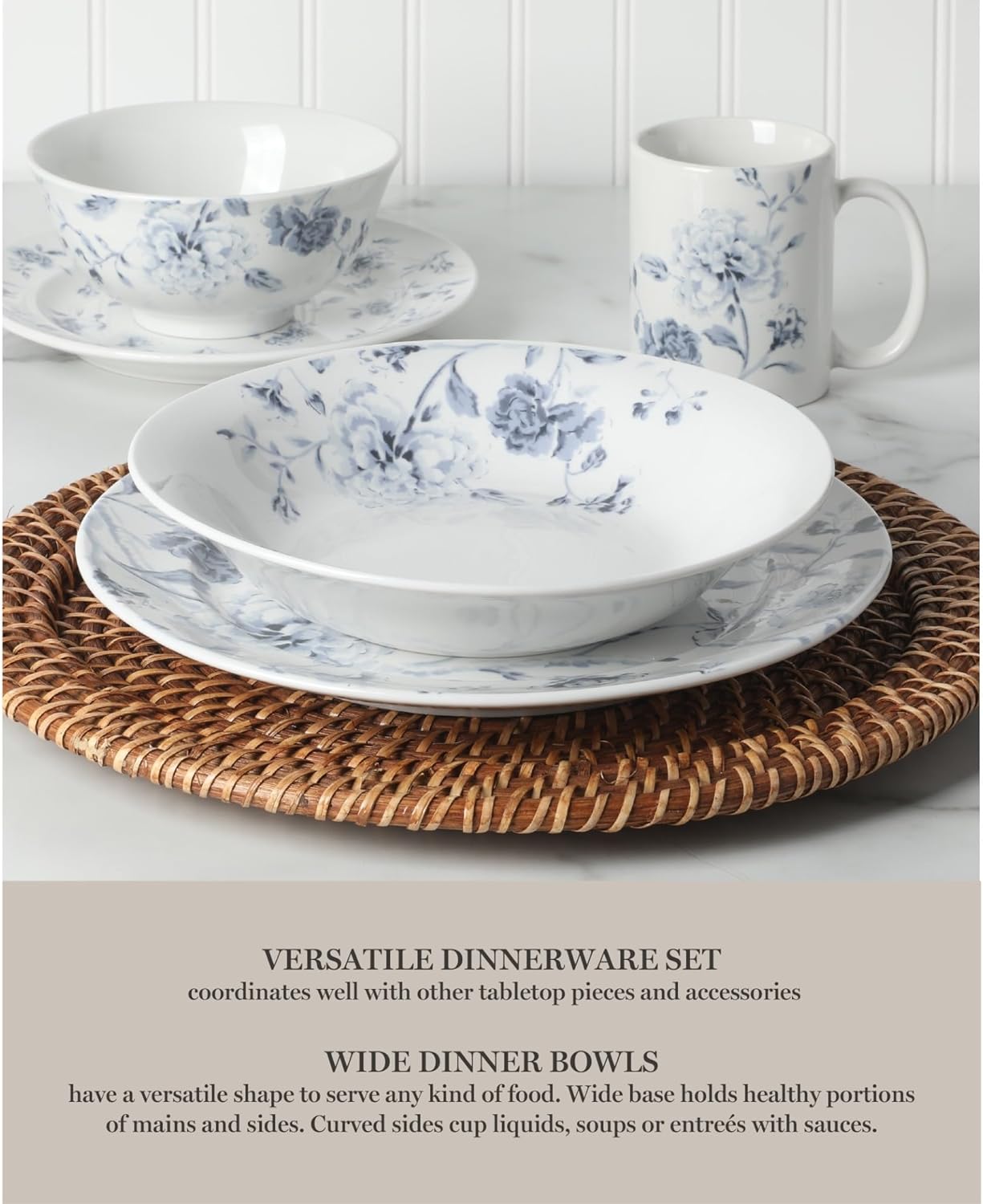 Martha Stewart Empress Bouquet Dinnerware Set - 30 Piece Porcelain Plates & Bowls | Chip & Scratch Resistant, Blue Floral