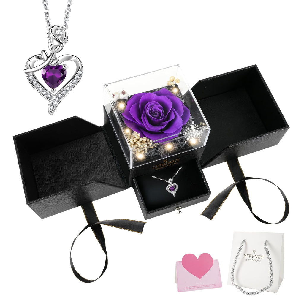 Sereney Preserved Purple Flower Rose with Necklace, Forever Flowers Eternal Rose with Purple Heart Jewelry Mothers Day Gifts for Women Mom Wife Grandma Friend as Christmas Birthday Gifts