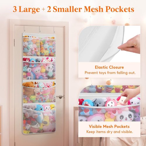 Lifewit Stuffed Animal Storage - Over The Door Organizer with 5 Expandable Mesh Pockets | White, 167 cm High