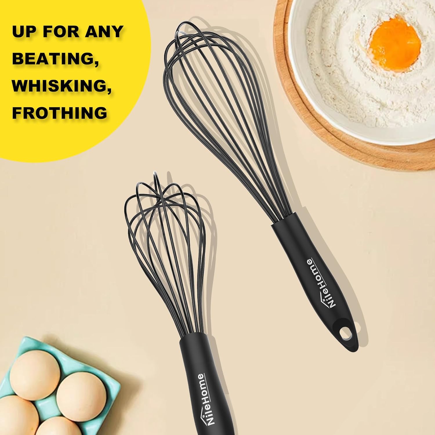 NileHome Silicone Whisk Set - Versatile 8" & 10" Kitchen Whisks for Cooking & Baking | Black