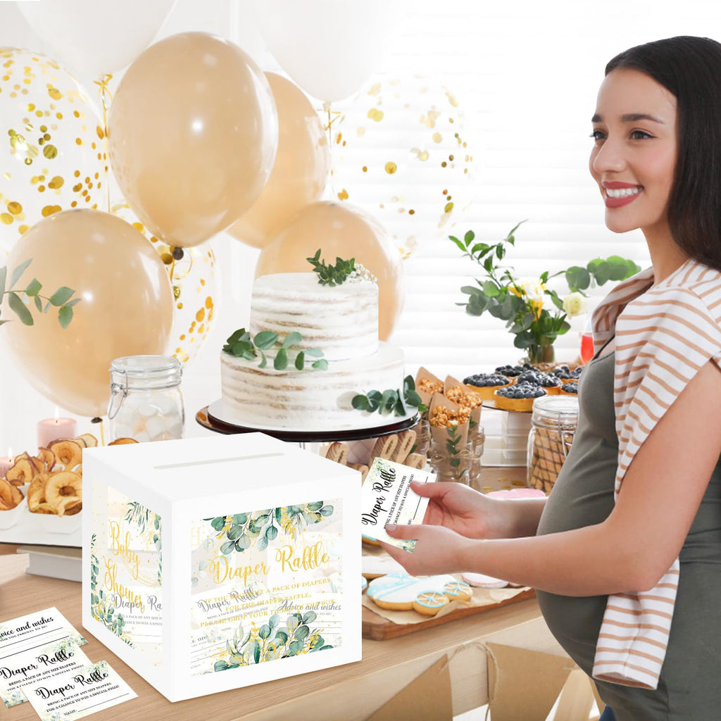 Greenery Baby Shower Games for Girl or Boy, Oh Baby Sage Green Diaper Raffle Card Box with Tickets for Boy Baby Shower Decorations