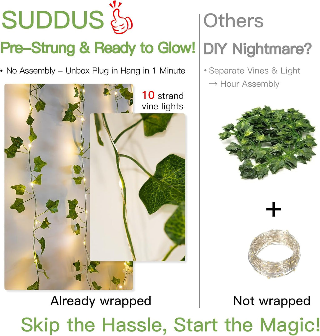 Suddus Vines with Lights - 150 LED Fairy Lights for Bedroom & Party Decor | 6.5ft x 4.9ft Ivy Curtain