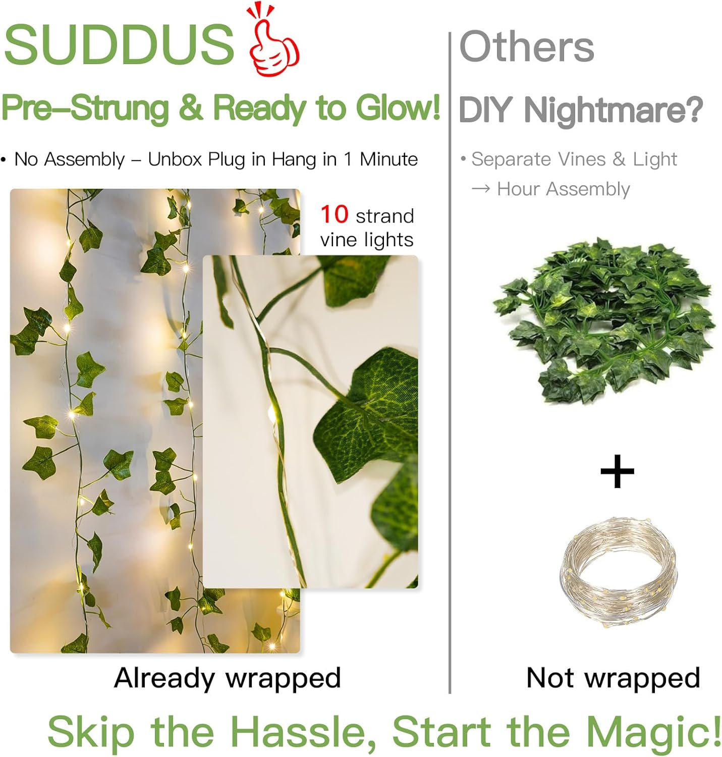 Suddus Vines with Lights - 150 LED Fairy Lights for Bedroom & Party Decor | 6.5ft x 4.9ft Ivy Curtain