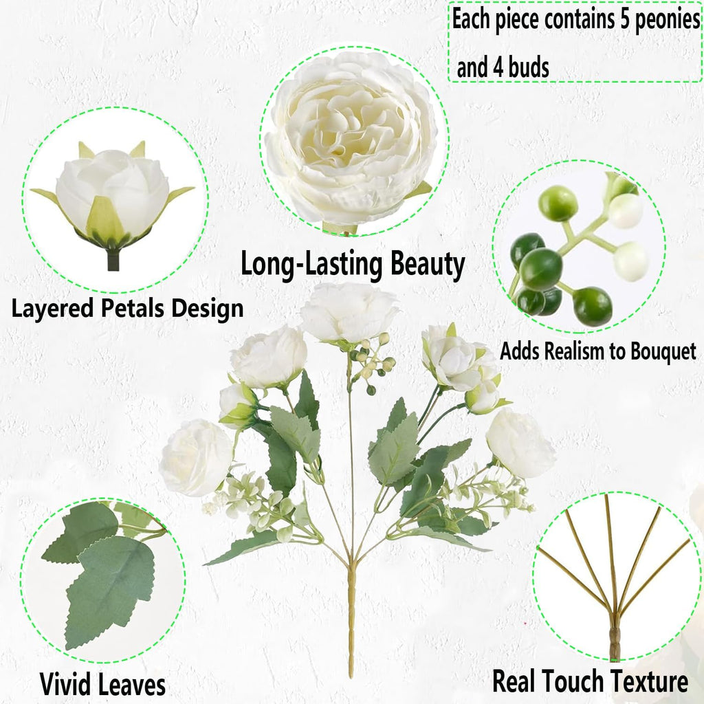 SugarHuLu 12 Bundles Peonies Artificial White Flowers Bouquet, Lifelike Silk Fake Peonies with Stems for Home Table Centerpieces, Wedding, Party & DIY Bridal Floral Arrangements (White)