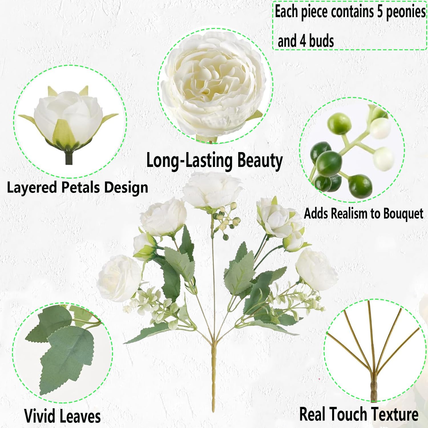 SugarHuLu 12 Bundles Peonies Artificial White Flowers Bouquet, Lifelike Silk Fake Peonies with Stems for Home Table Centerpieces, Wedding, Party & DIY Bridal Floral Arrangements (White)