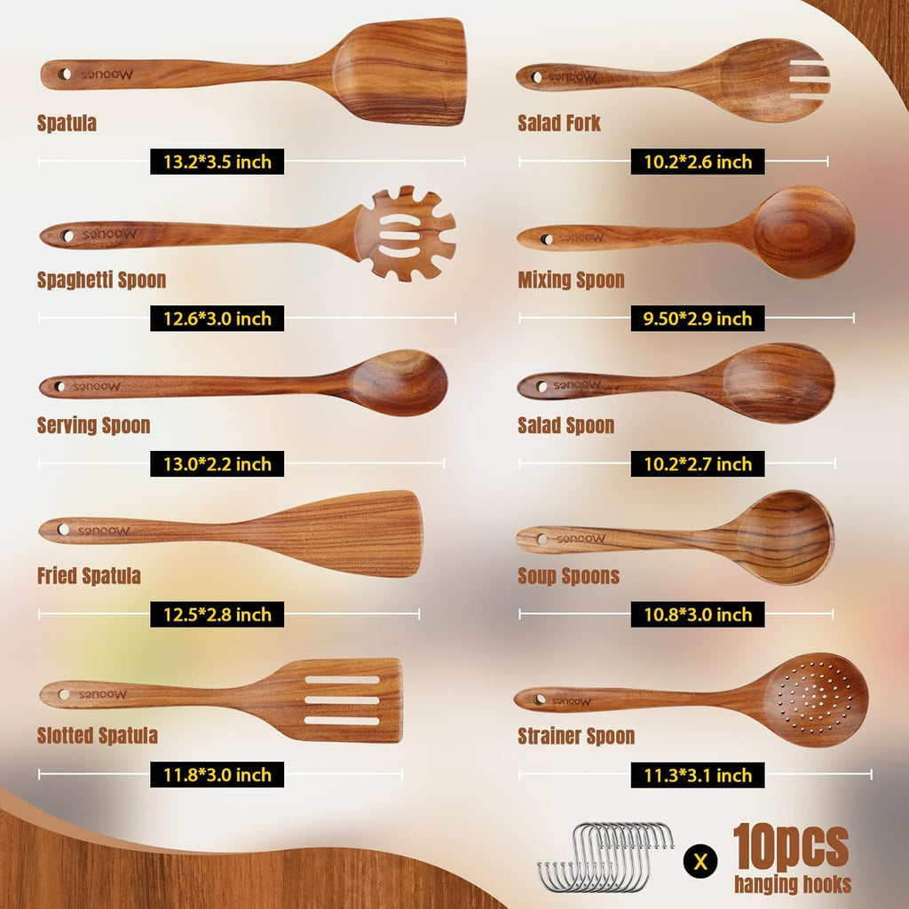 Skiennix Wooden Spoons Set - 10PCS Teak Cookware Utensils with Hooks | Smooth Finish & Heat Resistant