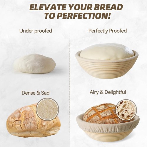 Kikcoin Bread Proofing Basket Set - 9 Inch & 10 Inch Round Sourdough Baskets with Linen Liner & Tools