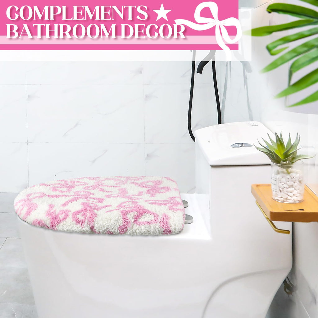 SmoothNovelty Toilet Lid Cover Washable Coquette Cute Plush Toilet Cover for Bathroom Decor Soft Microfiber 17.5 x 15 Inch Non Slip Rubber Backing Fits Most Round, Elongated(Rose Pink,Bow)