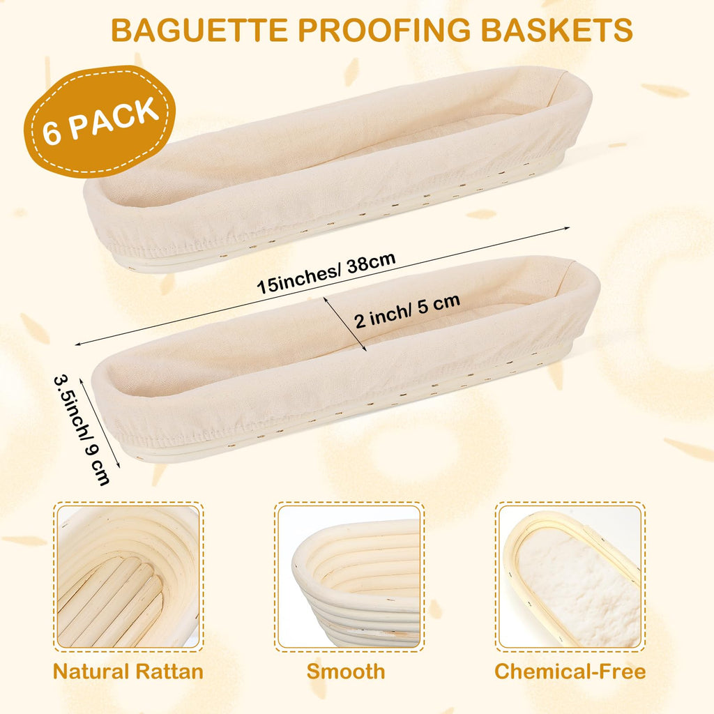 Vesici 15 Inches Baguette Banneton Proofing Basket 6 Pack with Linen Liner Baguette Banneton Bread Baking Baskets Rattan Dough Proofing Baskets for Baguette, Home Bake, Bakers Supplies, Baking Gifts
