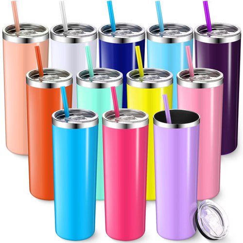 Mimorou 12 Pack Skinny Tumblers with Straws and Lids, 20 oz Stainless Steel Slim Double Wall Tumbler Vacuum Insulated Water Cup Travel Coffee Mug,12 Colors