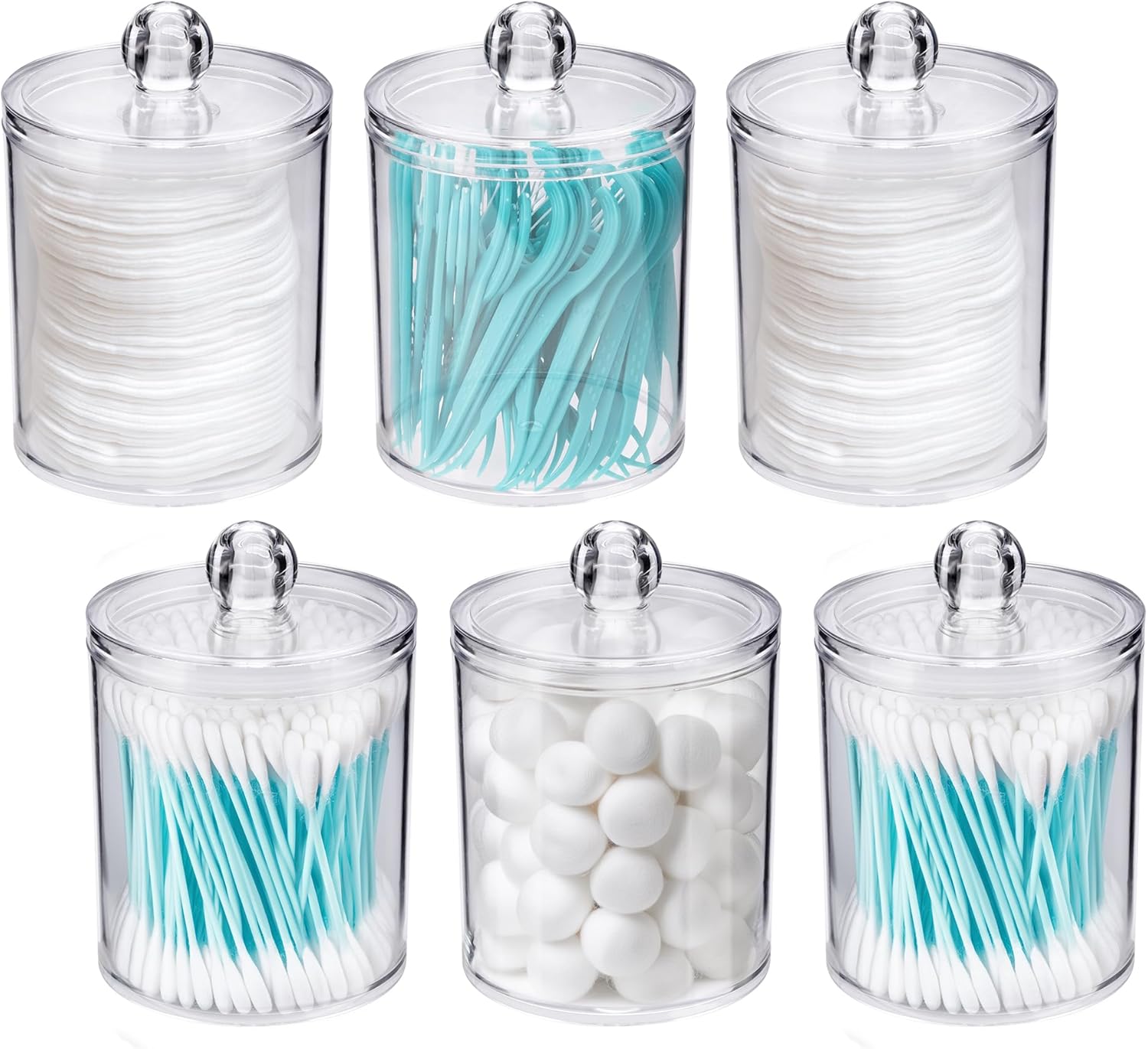 WEISHI Qtip Holder Dispenser - 6 Pack Clear Plastic Apothecary Jars for Bathroom Storage & Organization