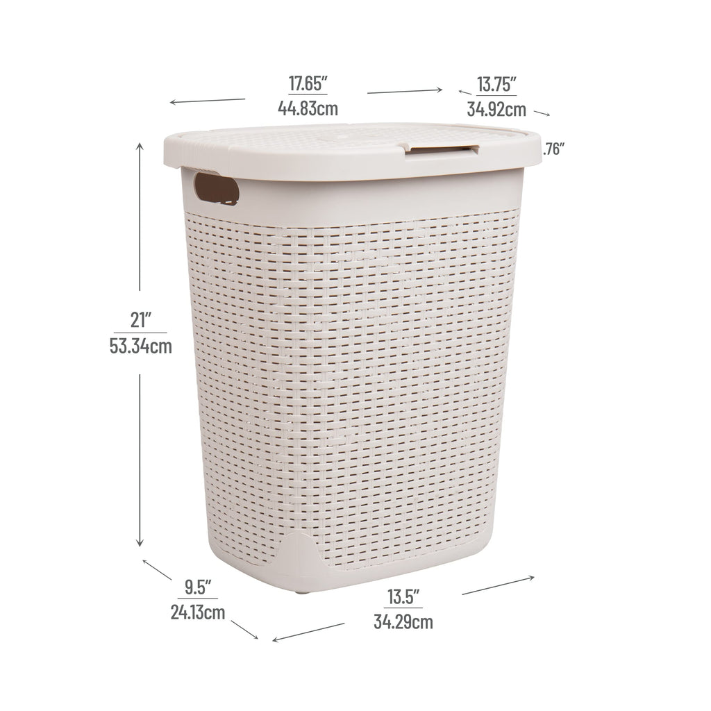 Mind Reader 50L Slim Laundry Hamper, Set of 2, Clothes Basket, Lid, Wicker Design, Plastic, 17.65"L x 13.75"W x 21"H, Ivory