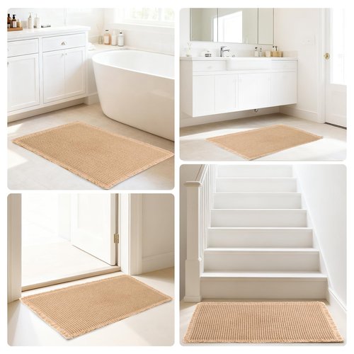Hiasan Waffle Bath Mat, Super Absorbent Non Slip Bathroom Boho Rug with Tassels, Machine Washable Bath Mats for Bathroom, Ultra Soft Rubber Backed Rug, Brown, 20 x 32 Inches