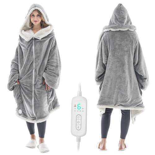 Wearable Heated Blanket with Zipper Design, Electric Wearable Throw Blanket with Sleeves, Hood, Heated Hoodie Blanket, Wearable Electric Blanket with 8 Heating Levels, 1-10H Auto-off Settings, 43*60"