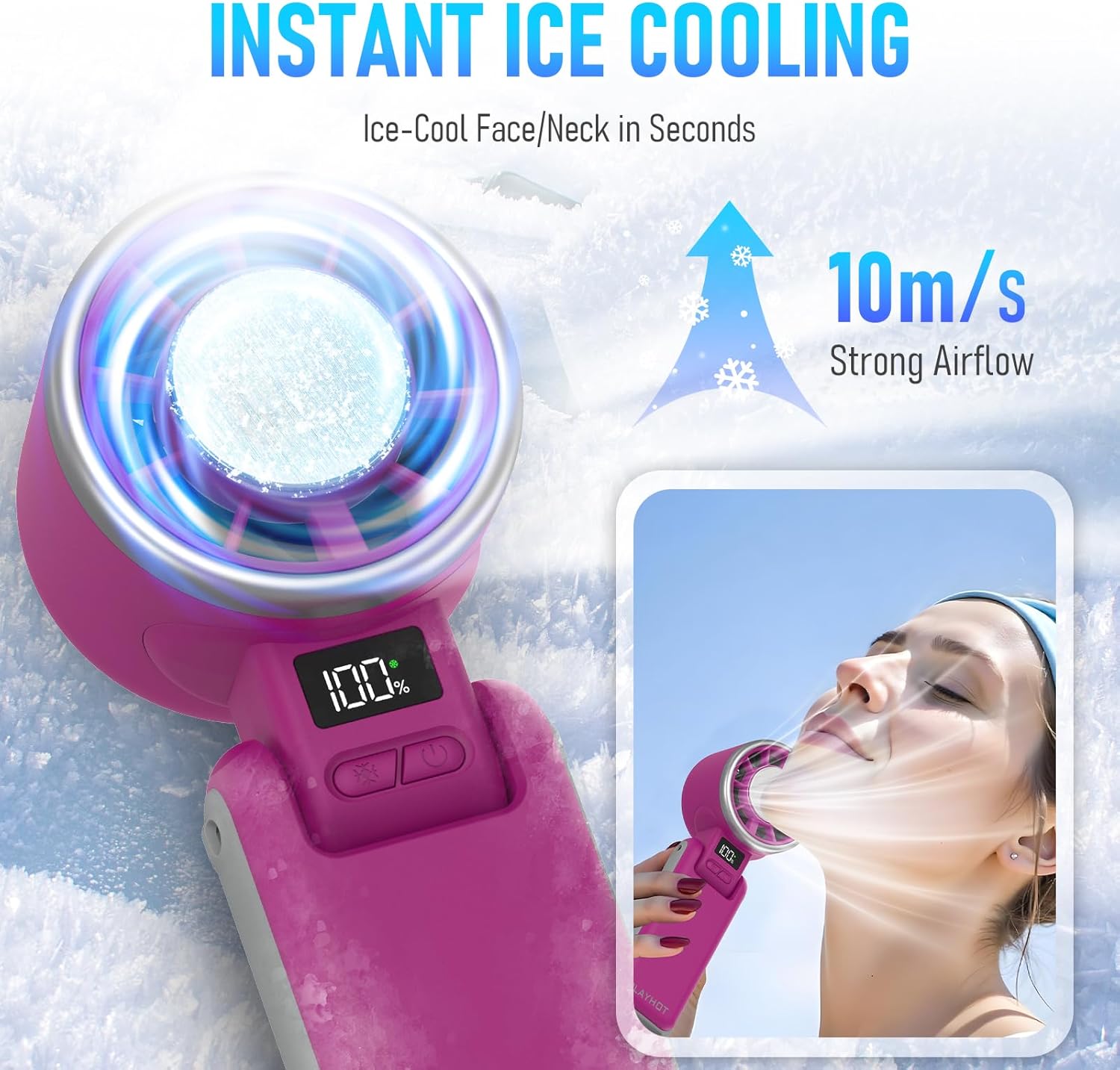PlayHot Portable Handheld Turbo Fan - Rechargeable Ice Cooling Fan with 5 Speeds | Up to 12 Hours Cooling (Magenta)