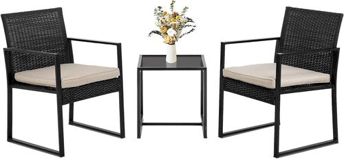 FDW 3-Piece Patio Furniture Set - Modern Outdoor Wicker Chairs & Coffee Table | Weather-Resistant Khaki Rattan