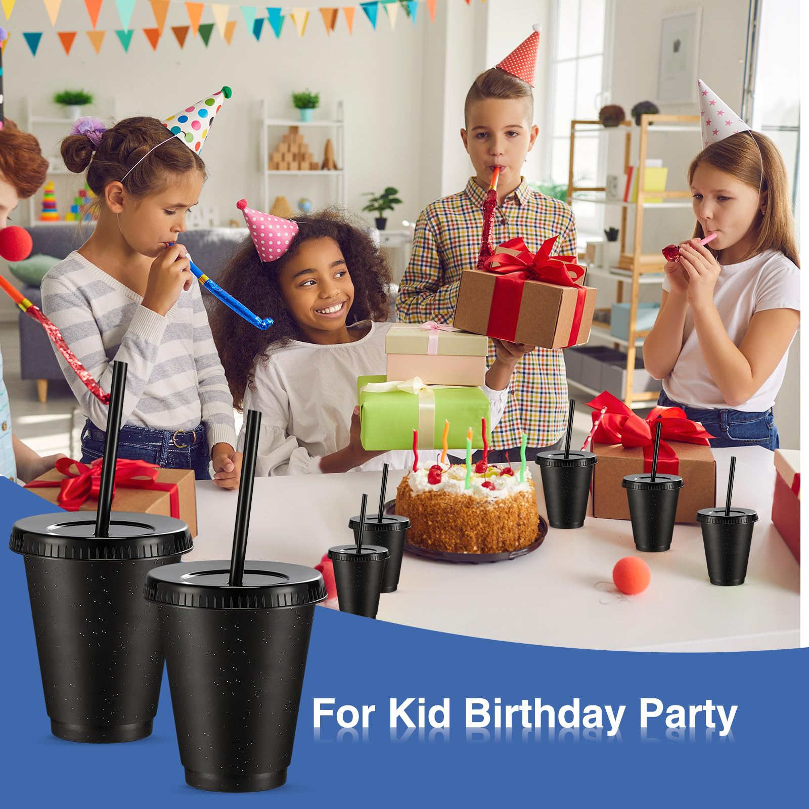 Rtteri 15 Pcs Reusable Cups with Straws and Lids 16 oz Glitter Tumblers Plastic Party Favor Cups with Lids Travel Mug Tumbler for Easter Graduation Party Iced Beverage Water(Black)