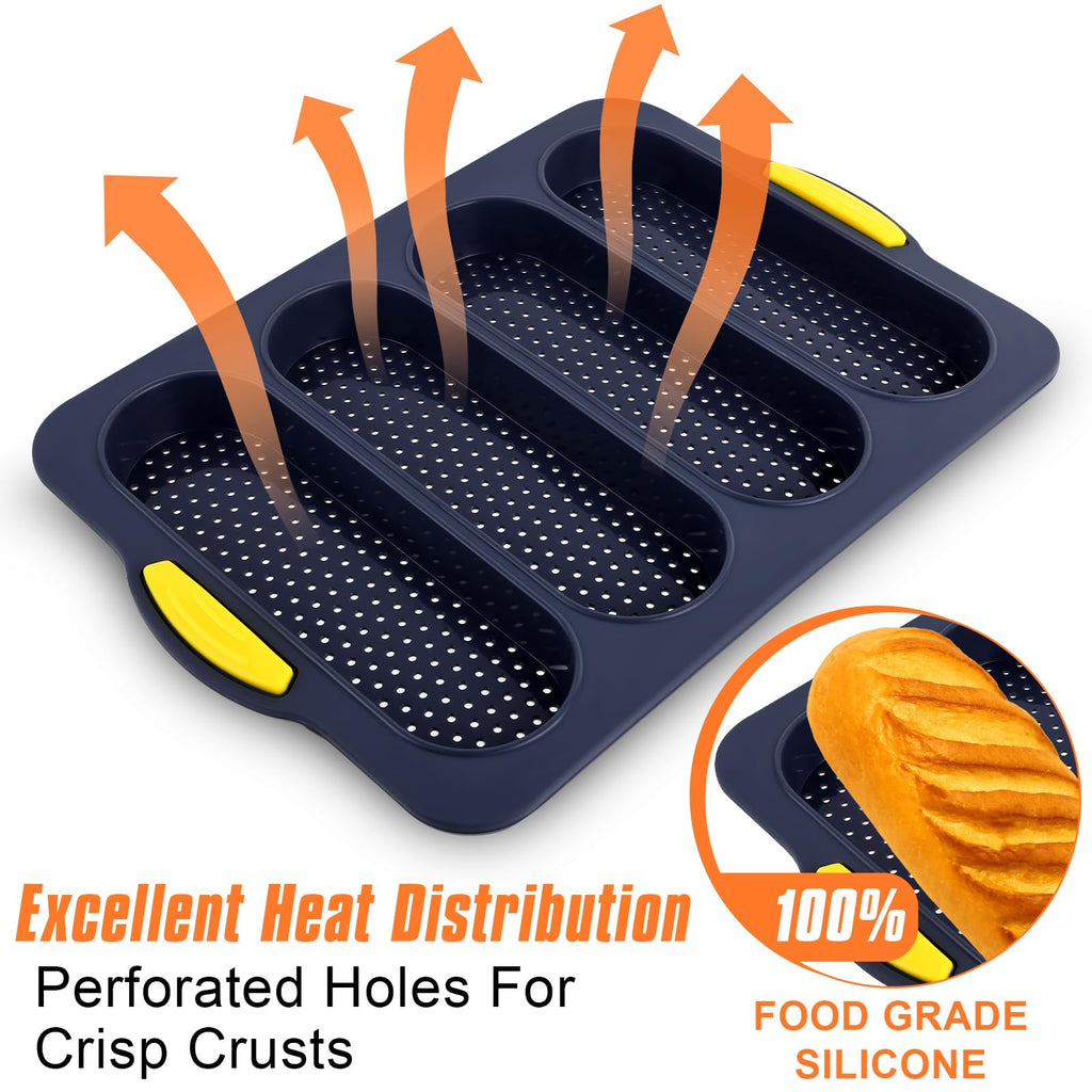 XenMee 2 Pcs Silicone Bread Loaf Pan, Non-Stick Baguette Bread Pan Food Grade, 4-Cavity Perforated French Baking Mold for Homemade Bread, French Baguette, Sandwich Rolls