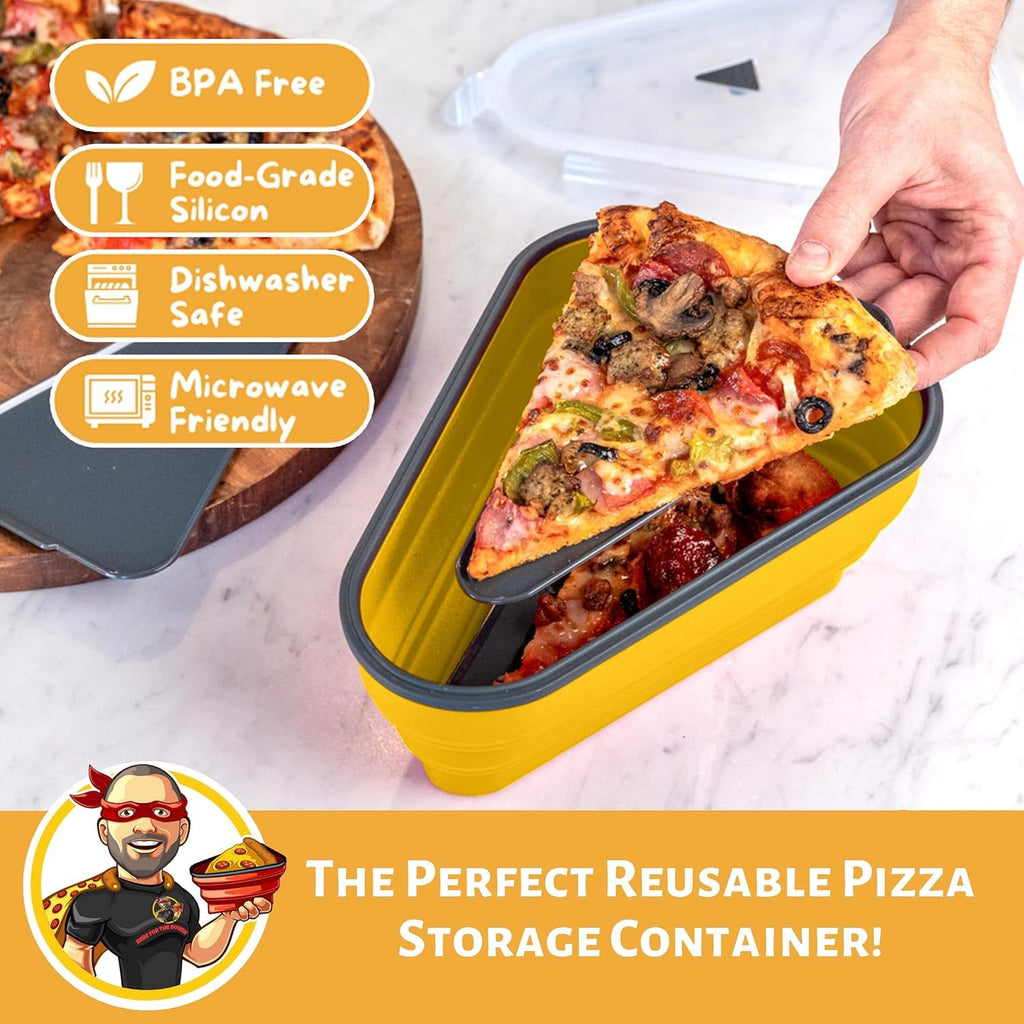 PIZZA PACK The Perfect Reusable Pizza Storage Container with 5 Microwavable Serving Trays - BPA-Free Adjustable Pizza Slice Container to Organize & Save Space, 3 Pack, Yellow