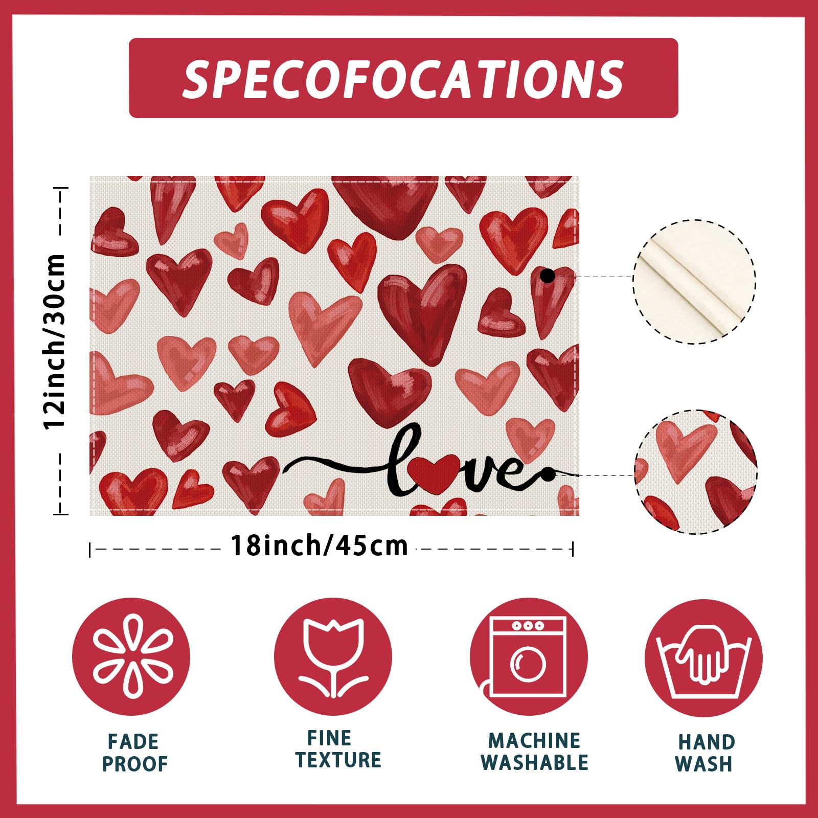 XCHI Watercolor Red Love Hearts Valentine’s Day Placemats Set of 6 Table Mats for Party Home Kitchen Dining Table Decorations 12x18 Inch