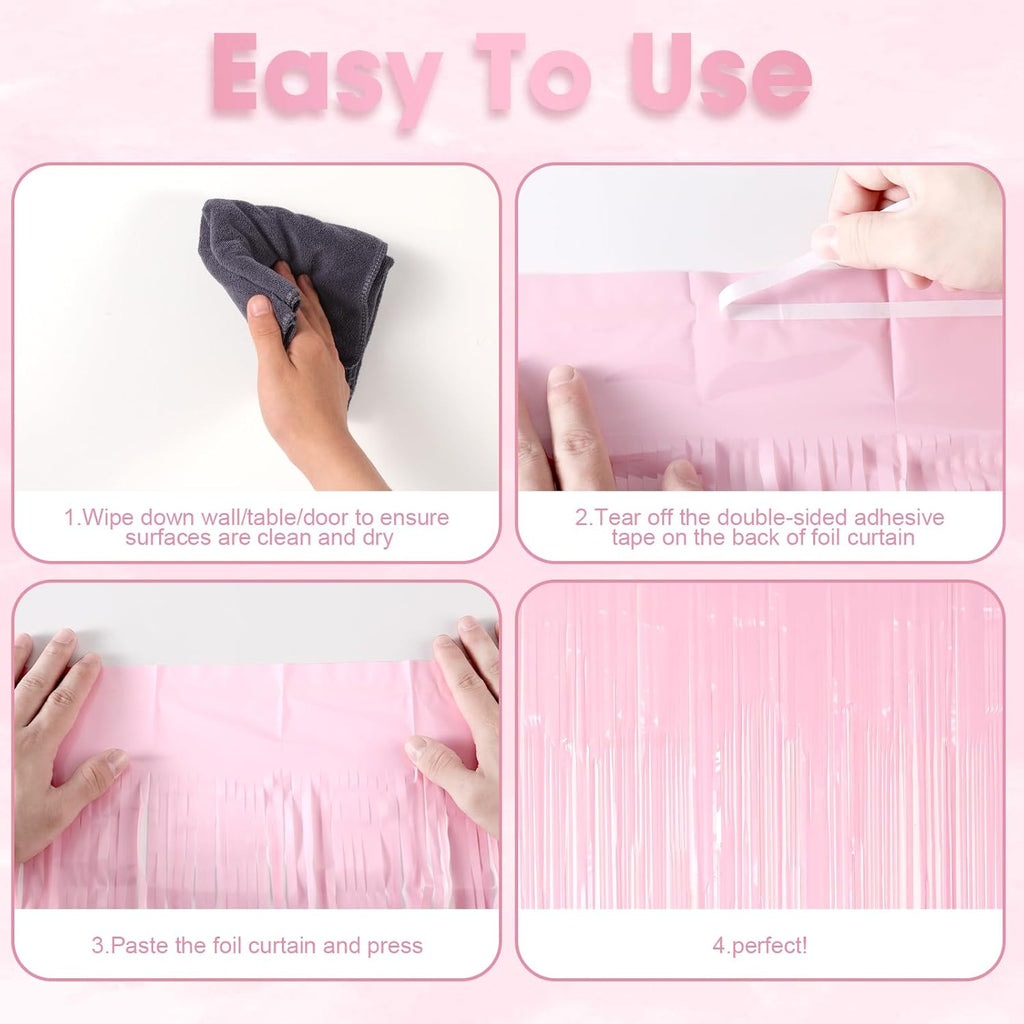 Voircoloria Foil Fringe Backdrop Curtains - 3 Pack of 3.3 x 8.2 Ft Pasel Pink Tinsel Streamers for Parties