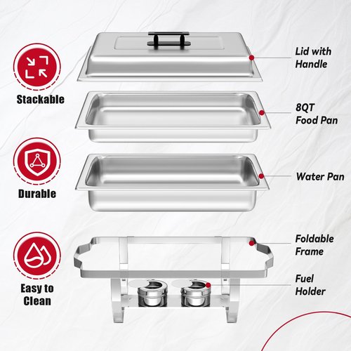 IMACONE Chafing Dish Buffet Set of 2, 8QT Stainless Steel Rectangular Chafers and Buffet Warmer Sets for Catering, with Food & Water Pan, Lid, Foldable Frame, Fuel Holder for Event Party Holiday