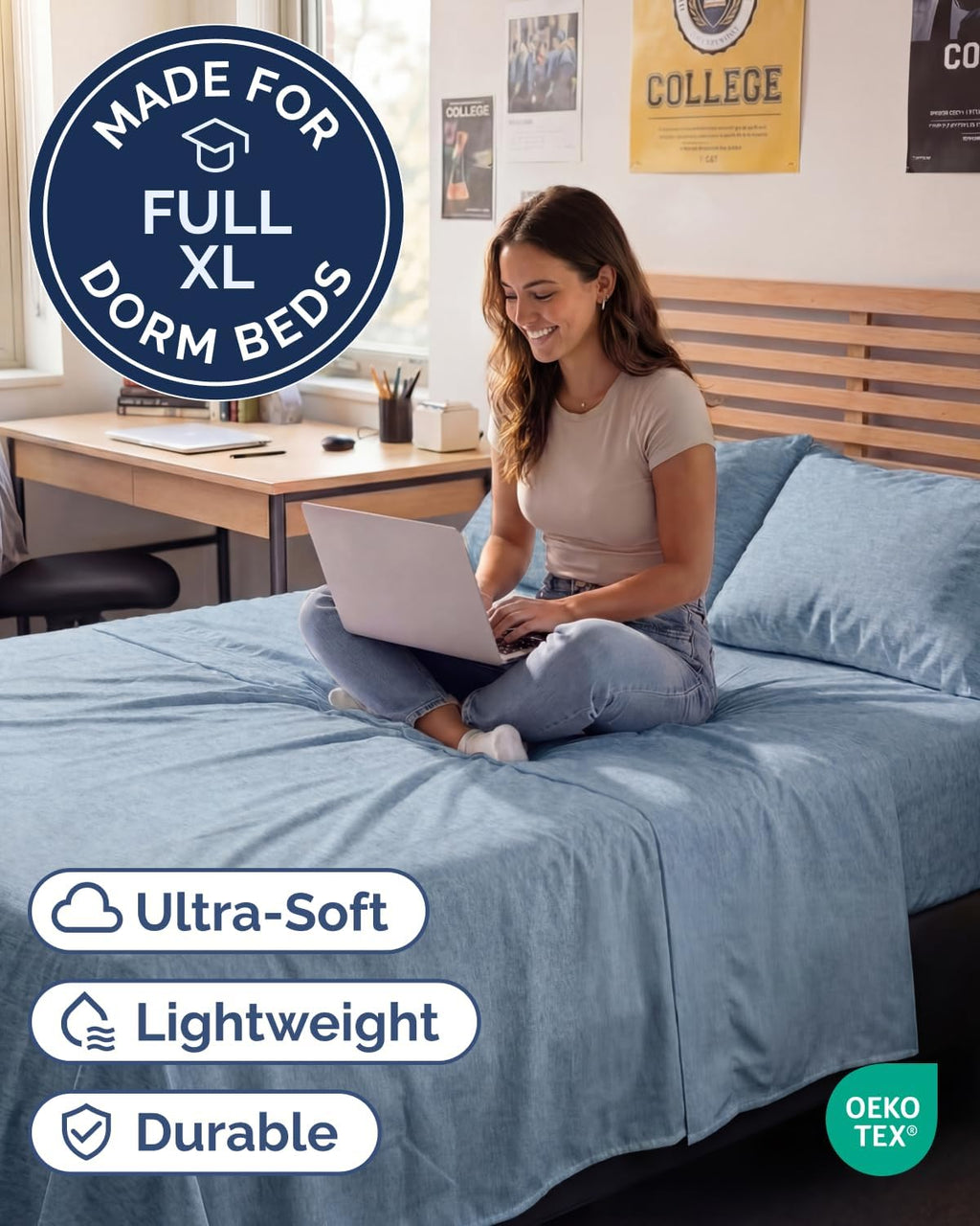 Skiennix Full XL Bed Sheet Set - Soft, Breathable & Cooling 4-Piece Luxury Bedding - Deep Pockets, Fade & Wrinkle Free in Heathered Blue