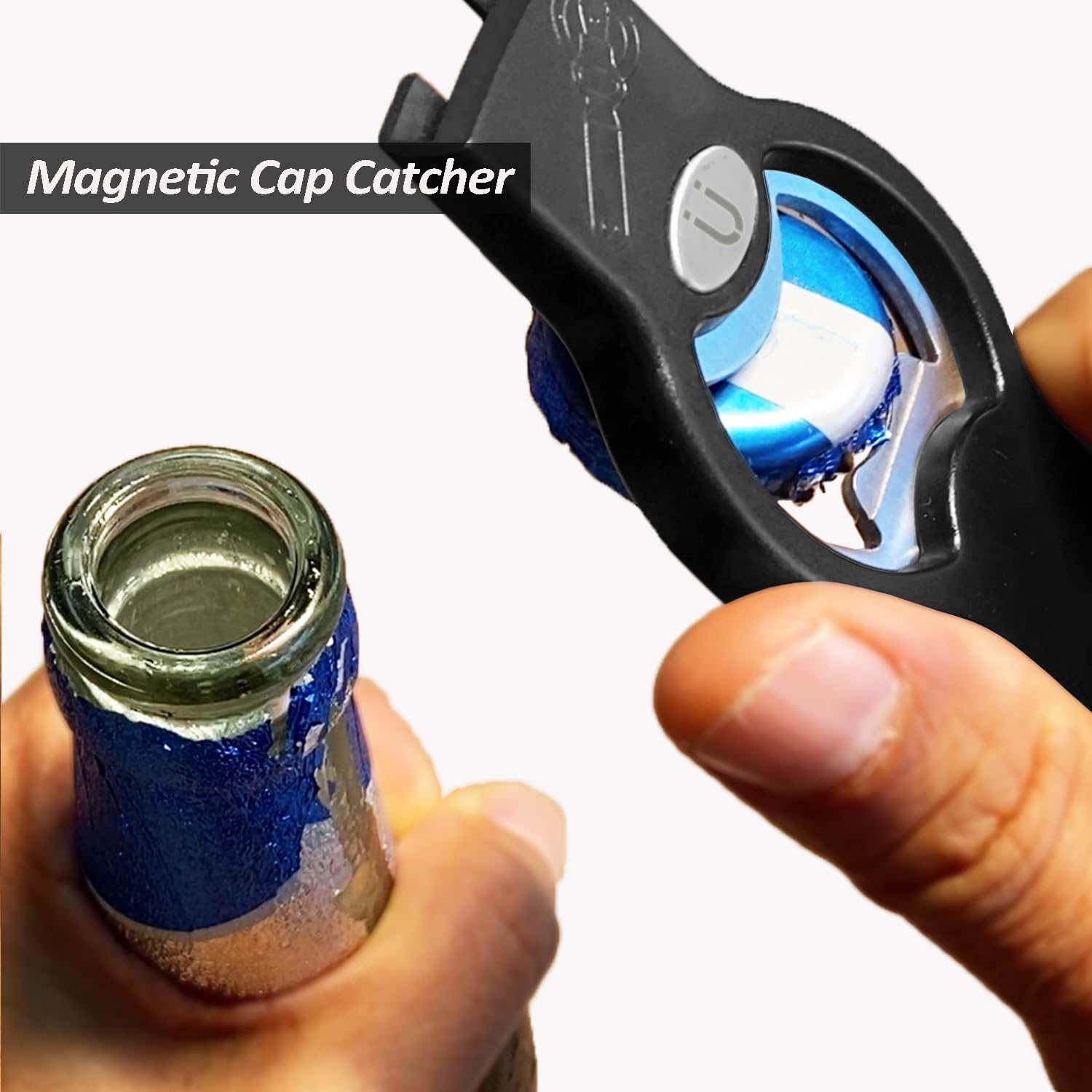 2-in-1 Magnetic Soda Can & Beer Bottle Opener-Dual Magnets for Fridge & Cap Catcher, Heavy Duty Stainless Steel, Perfect for Big Hands,Long nails, RV, Bartender, Gift for Father, Black, Openpro 1 Pack