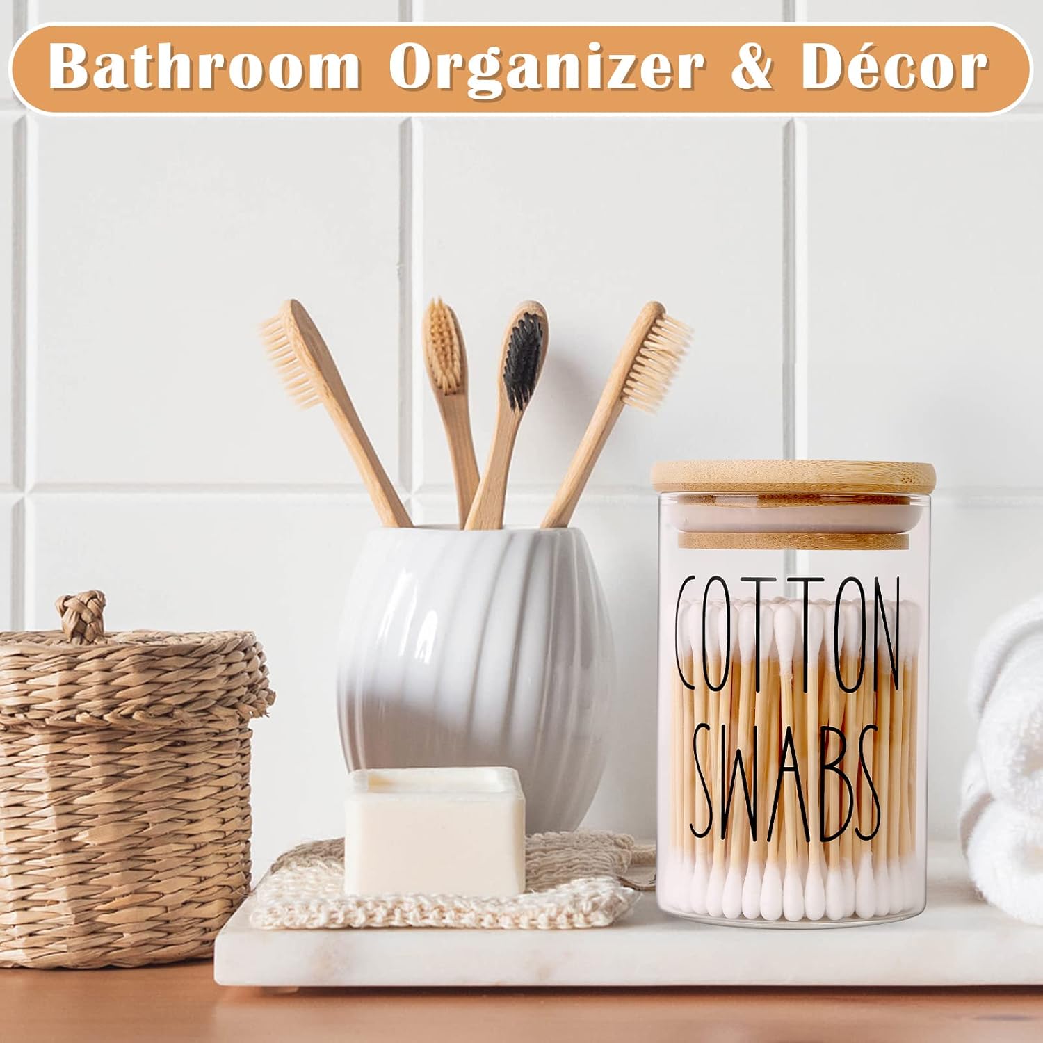 ROADPLUM Qtip Holder Bathroom Set - 4 Pack 10 oz Glass Jars with Lids for Cotton Balls & Makeup Storage