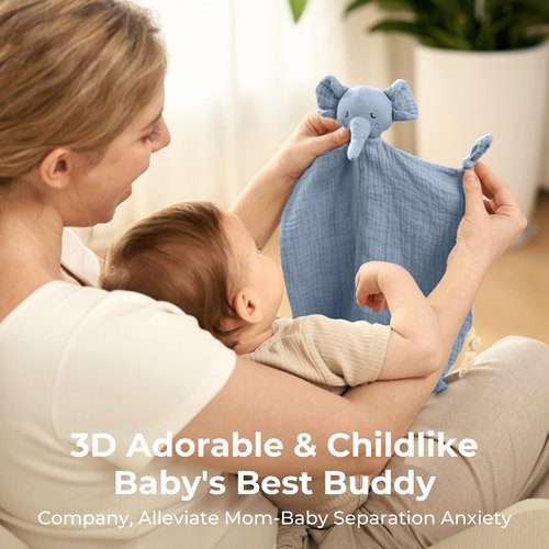 Momcozy Elephant Loveys for Babies with Cotton - Soft Security Blanket for Boy or Girl for Self-Soothing On-The-Go-Portable & Anti-Drop Design - Newborn Gift，Must Have（Blue 14 inch）