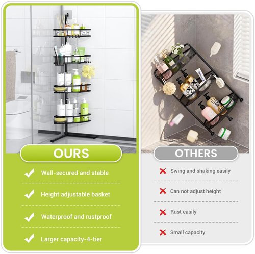 Aitatty Corner Shower Caddy - 4-Tier Rustproof Organizer Shelf for Bathroom | Black Floor Stand