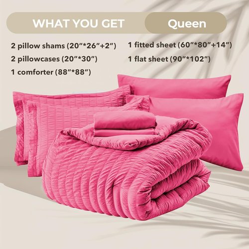 HYMOKEGE Queen Comforter Set - Luxury 7-Piece Hot Pink Seersucker Bedding | All-Season Bed in a Bag