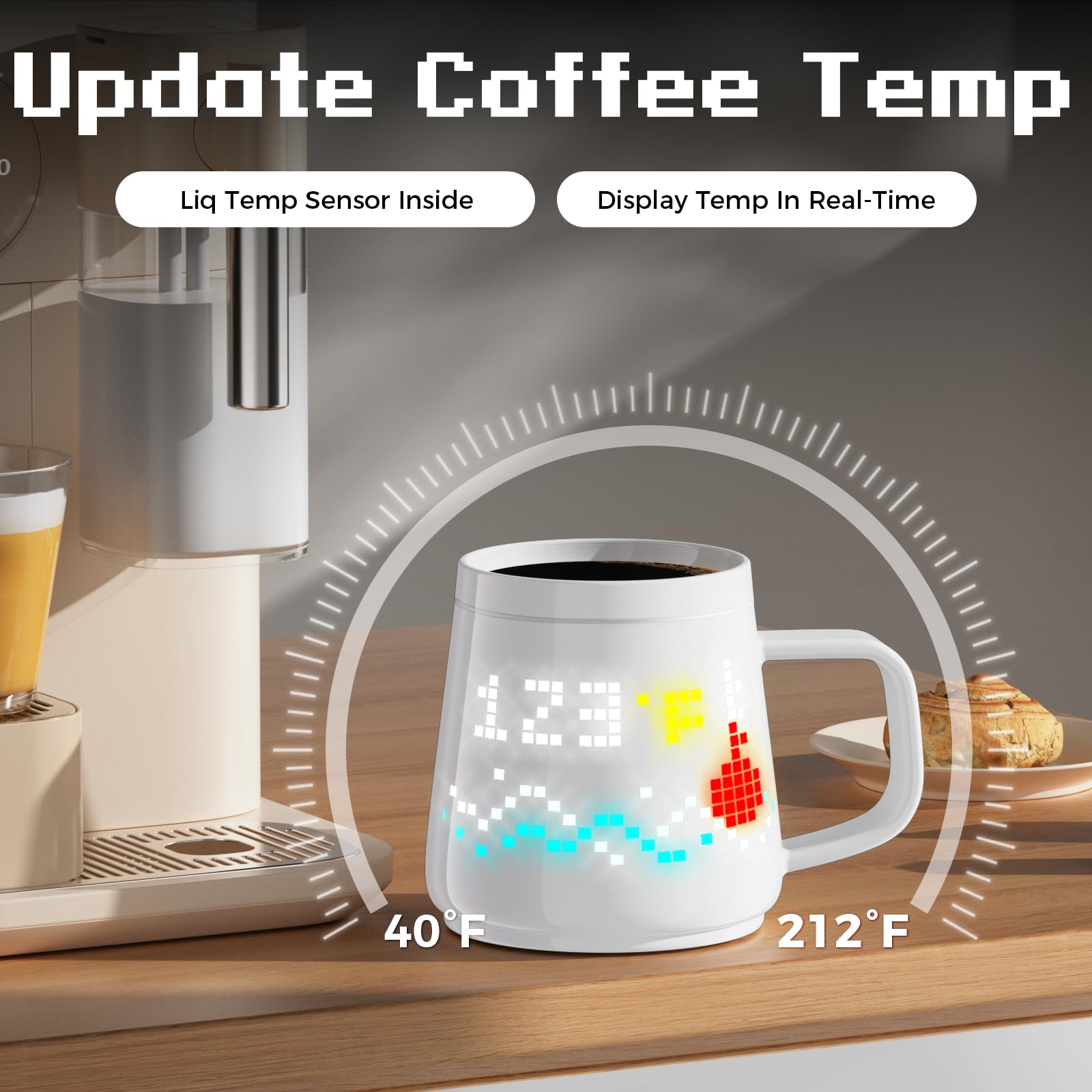 PixelMug P1:AI-Enhanced Smart Mug with Pixel Display|DIY Pixel Art|Remote Interaction|Coffee Temperature Tracking|App Control|Clock|Personalized Gift for Thanksgiving,Birthday,Christmas,Right Handle