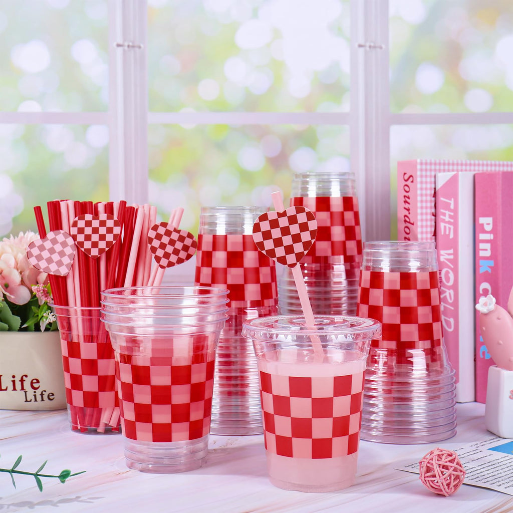 JarThenaAMCS 50Pcs Valentine's Day Plastic Cups with Lids Straws Drinking Cup 12oz Pink Red Checkered Heart Disposable Cups for Wedding Anniversary Valentine Party