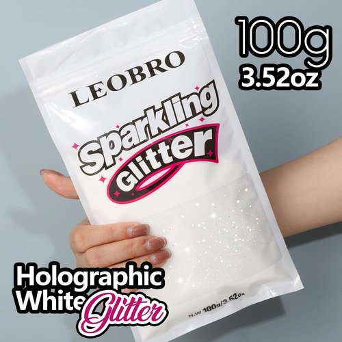 LEOBRO Holographic Fine Glitter - White Glitter for Crafts, Resin, Jewelry & Decorations | 100 g / 3.5 oz