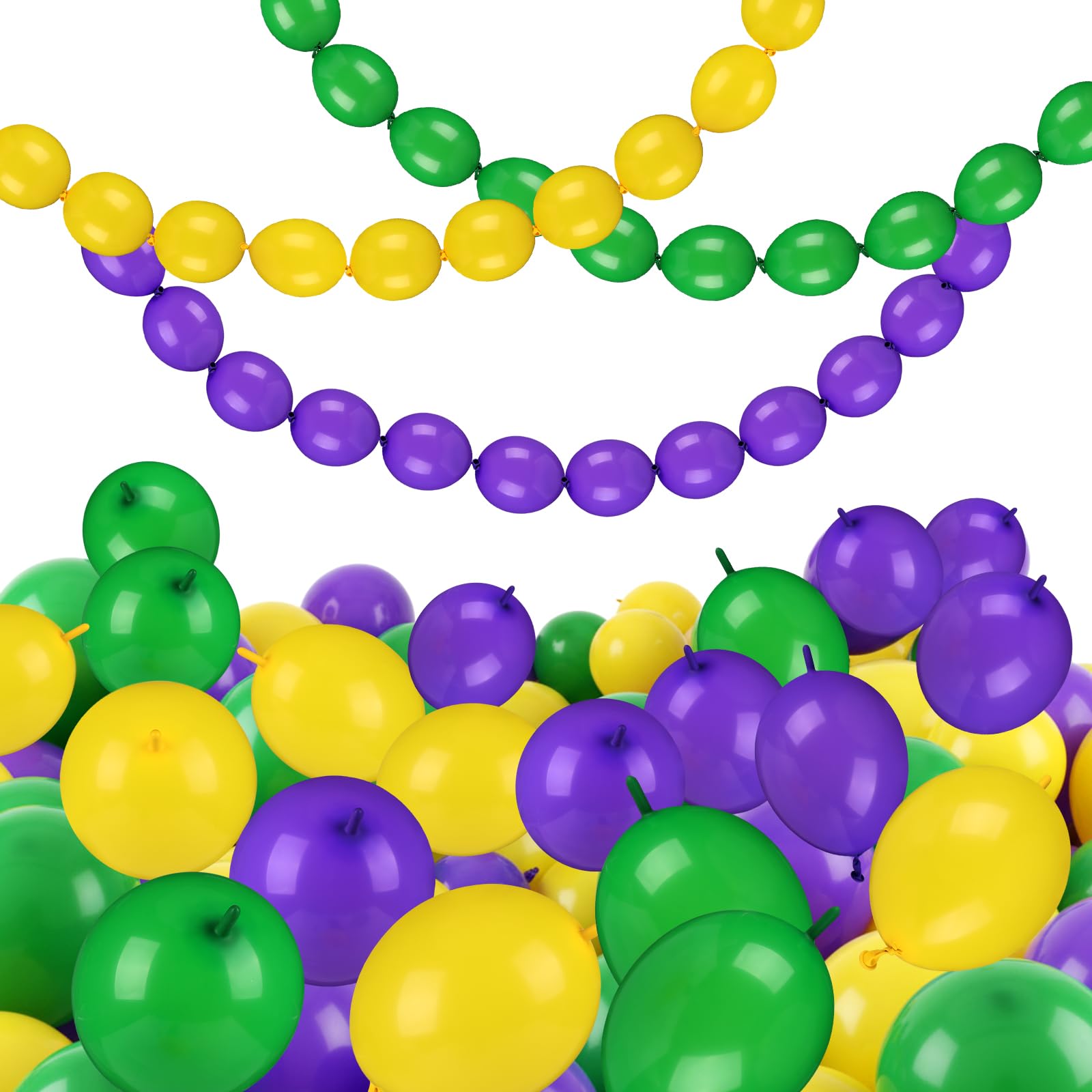 Soulchen 255 Pcs 6 Inch Mardi Gras Linking Balloons Decoration Green Gold Purple Link Balloons Jumbo Mardi Gras Bead Garland Ball Banner for Indoor Outdoor Carnival Birthday Wedding Graduation Decor