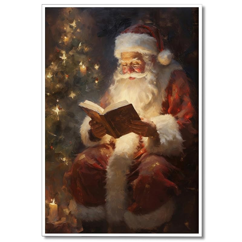Vintage Santa Reading Canvas Wall Art – 12x16in, Unframed, Claus Variation