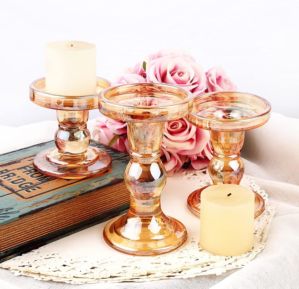 Skiennix Glass Candlestick Set - Elegant Crystal Holders for Weddings & Home Decor | 3-Piece Clear