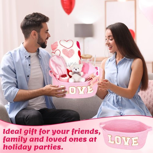 12 Pcs Valentine's Day Woven Basket Gift Set Romantic Spa Relaxation Basket Set for Her Self Care Package with Heart Blanket Socks Bath Salt Ball Glass Cup Bear for Women Girlfriend Wife Mom (Pink)