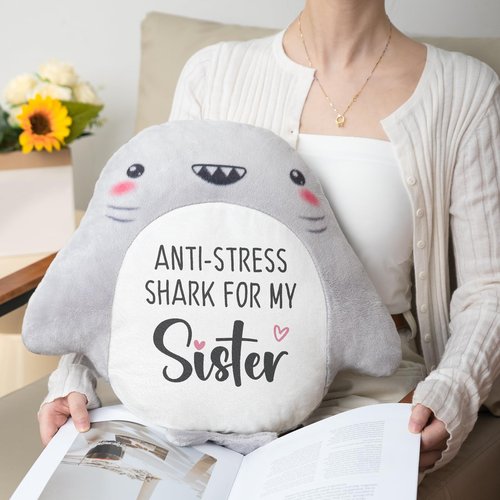IDELTIME Sister Birthday Gifts - Throw Pillow, Easter Birthday Gifts for Sister in Law Adult Sis Bestie Friends Women, Funny Sisters Gift from Brother Sis Sibling, Shark Plush Stuffed Animal 15’’
