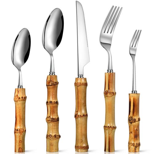 Eboot Bamboo Silverware Set 18/8 Stainless Steel Tableware Set Natural Utensil Flatware Kit Spoon Fork Knives Bamboo Handle Cutlery for Kitchen Wedding Home Restaurant Party(Silver,30 Pieces)