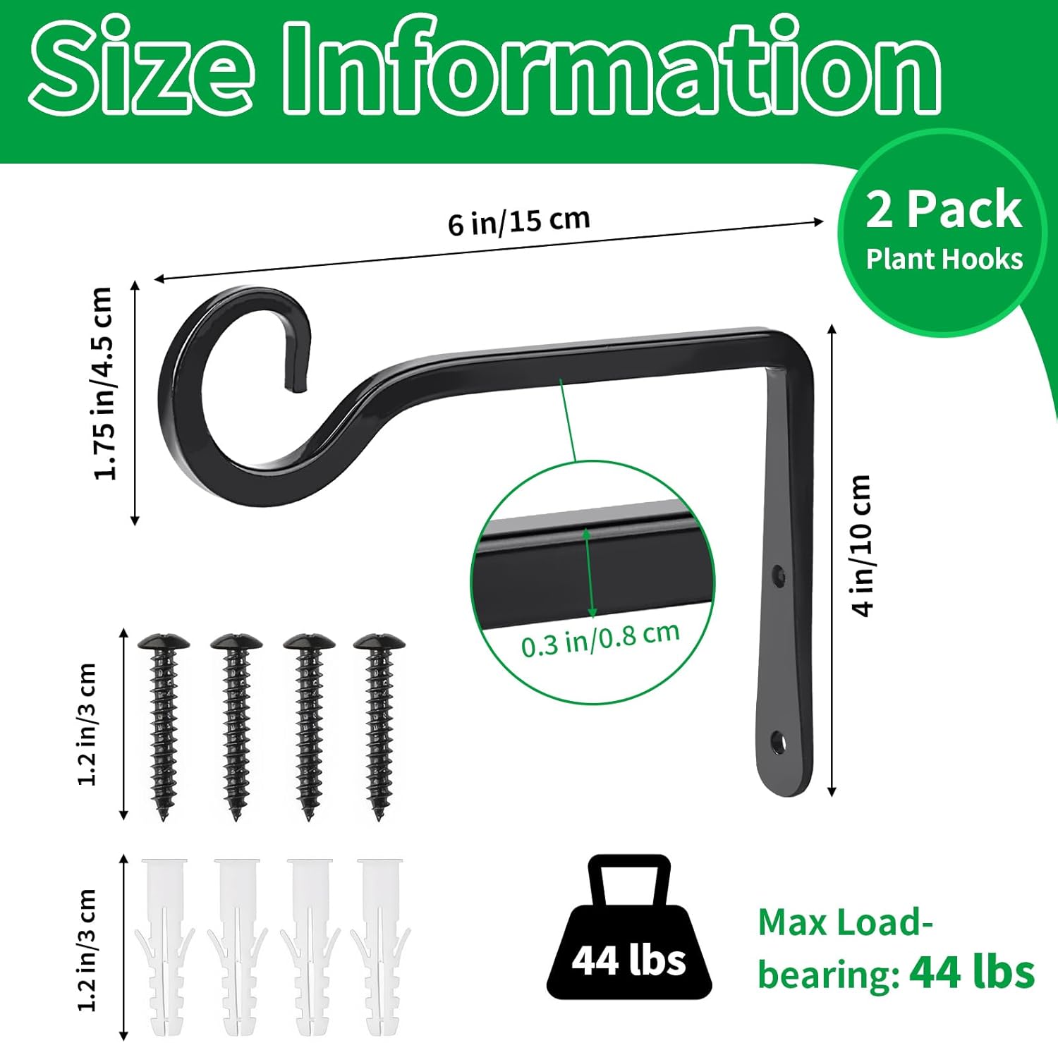 MOWPOG Plant Hangers - 6-Inch Metal Hooks for Outdoor & Indoor Use | 2-Pack Black Wall Brackets