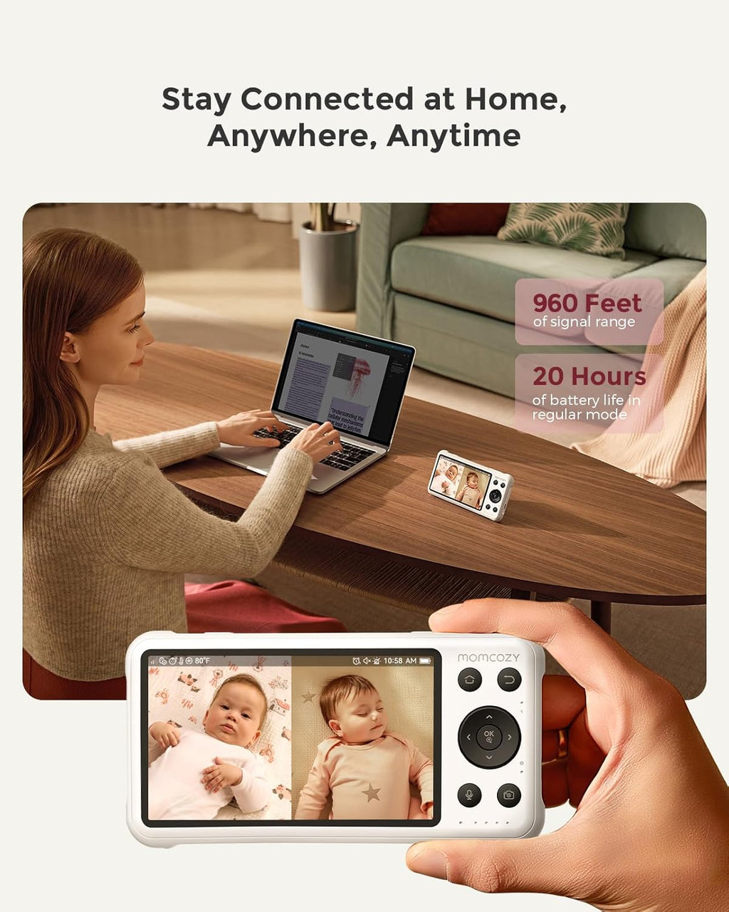 Momcozy BM04 Smart WiFi Baby Monitor - 2 Cameras, 5" 1080P Split Screen, Night Vision & 2-Way Audio