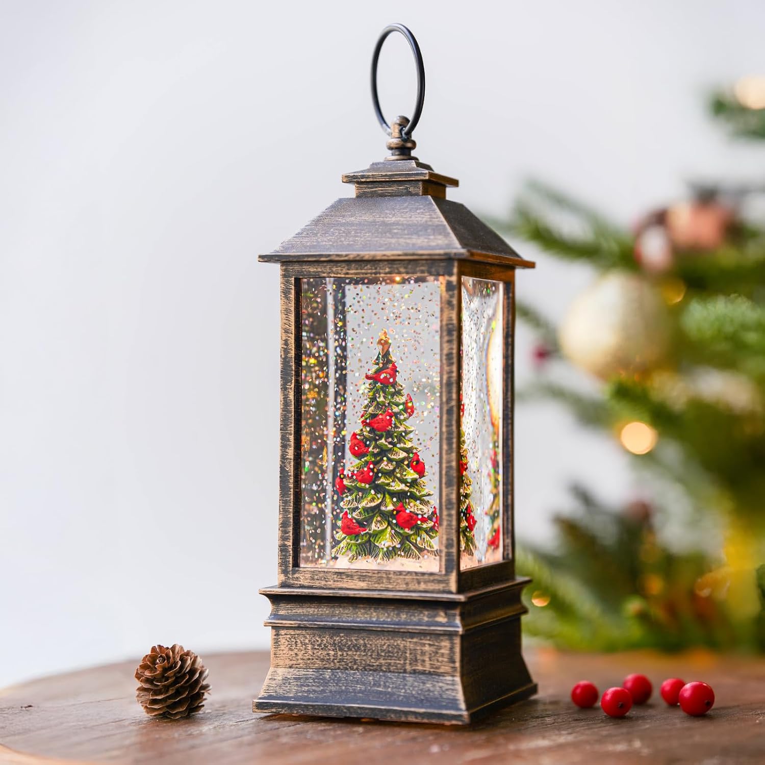 VISFLAIR 10'' Lighted Christmas Tree Snow Globe | Cardinal Music Water Lantern with Glitter Decoration