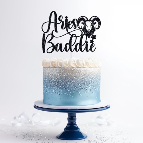 Aries Baddie Cake Topper - Zodiac Birthday Party Decor | Black Glitter Constellation Design
