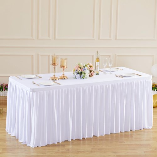 3 Pack White Polyester Table Clothes for 8 Foot Rectangle Tables, Wrinkle Free Fitted Table Cover with Pleated Ruffle Table Skirt for Birthday Party Wedding Trade Show Event Display