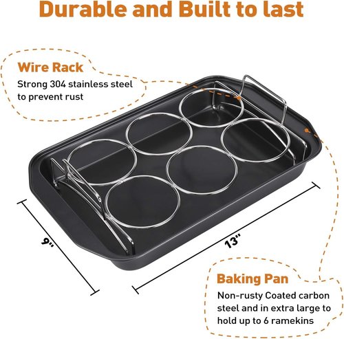 Creme Brulee Making Set - 6 Oz Porcelain Ramekins with Stainless Steel Lifting Rack & 9" X 13" Pan
