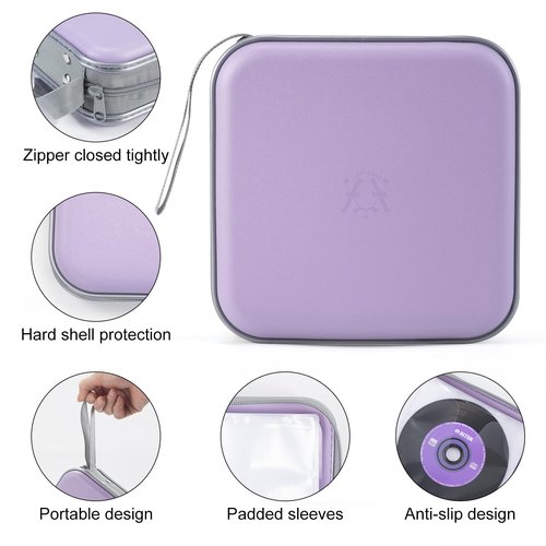 alavisxf xx 48 Capacity Hard Plastic DVD Case Portable Zipper CD Case Holder Large Storage Disc Wallet Bag for Car Home Travel (Lavender)