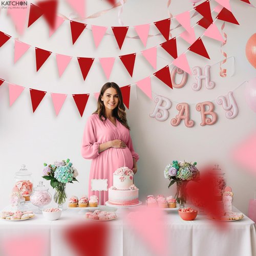 KatchOn, Pink and Red Pennant Banner - 60Feet, 12 Pcs, Pre-strung, Pennant Flag for Valentines Day Decorations, Anniversary, Baby Shower | Red and Pink Classroom Decor | Galentines Day Decorations