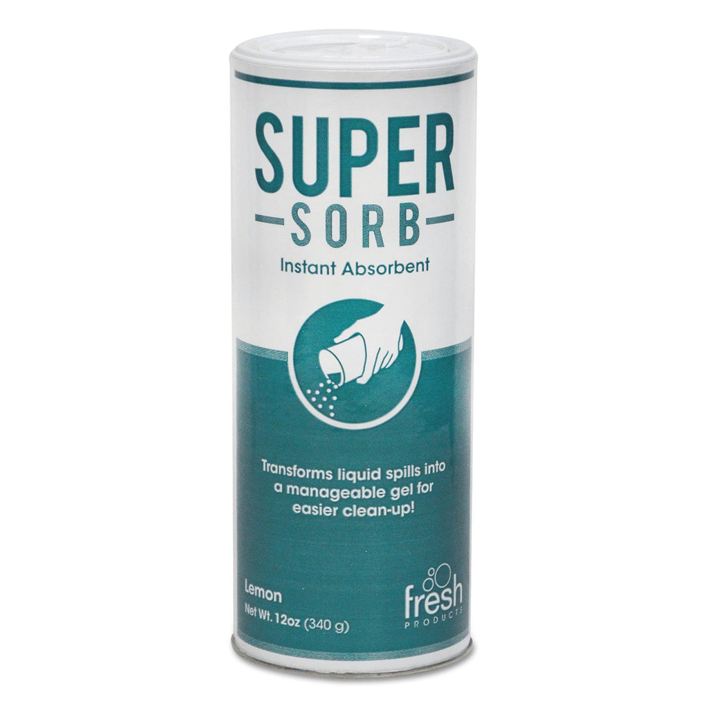Fresh Products Super-Sorb Liquid Spill Absorbent, Powder, Lemon-Scent, 12 oz. Shaker Can, 6/Box